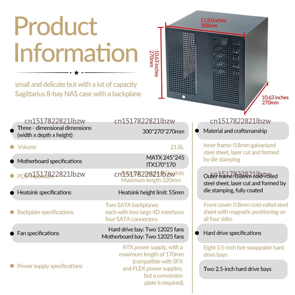ATX Power Supply MATX Full Height PCIe AIO Storage UNRAID Sagittarius 8-bay NAS Chassis with Backboard