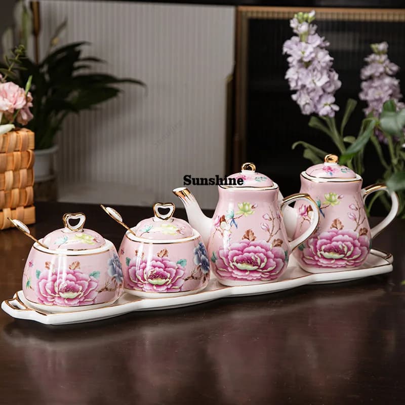Set di barattoli in ceramica a forma di fiore per condimenti: saliera, olioiera, acetiera, barattoli per spezie da cucina, bottiglie per condimenti, contenitori per spezie.