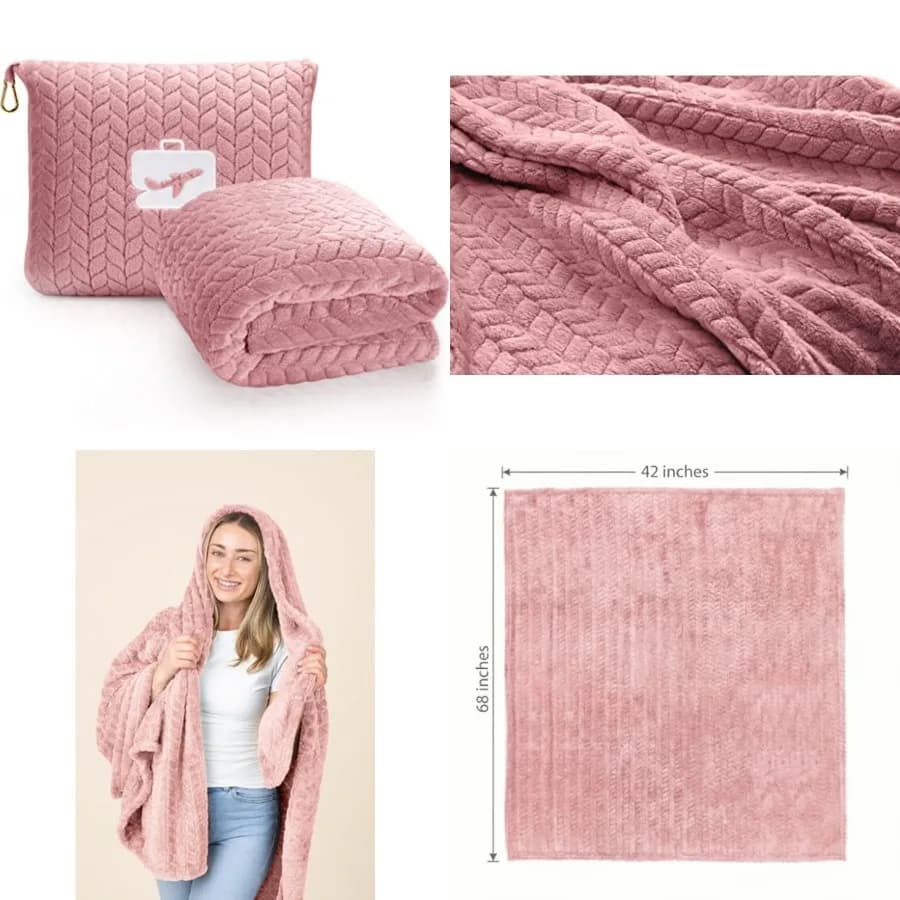 Coperta da Viaggio con Cuscino 68x42 - Coperta da Viaggio Compatta 2 in 1 in Microfleece Ultra-Morbido Premium con Custodia Morbida e Federa, H