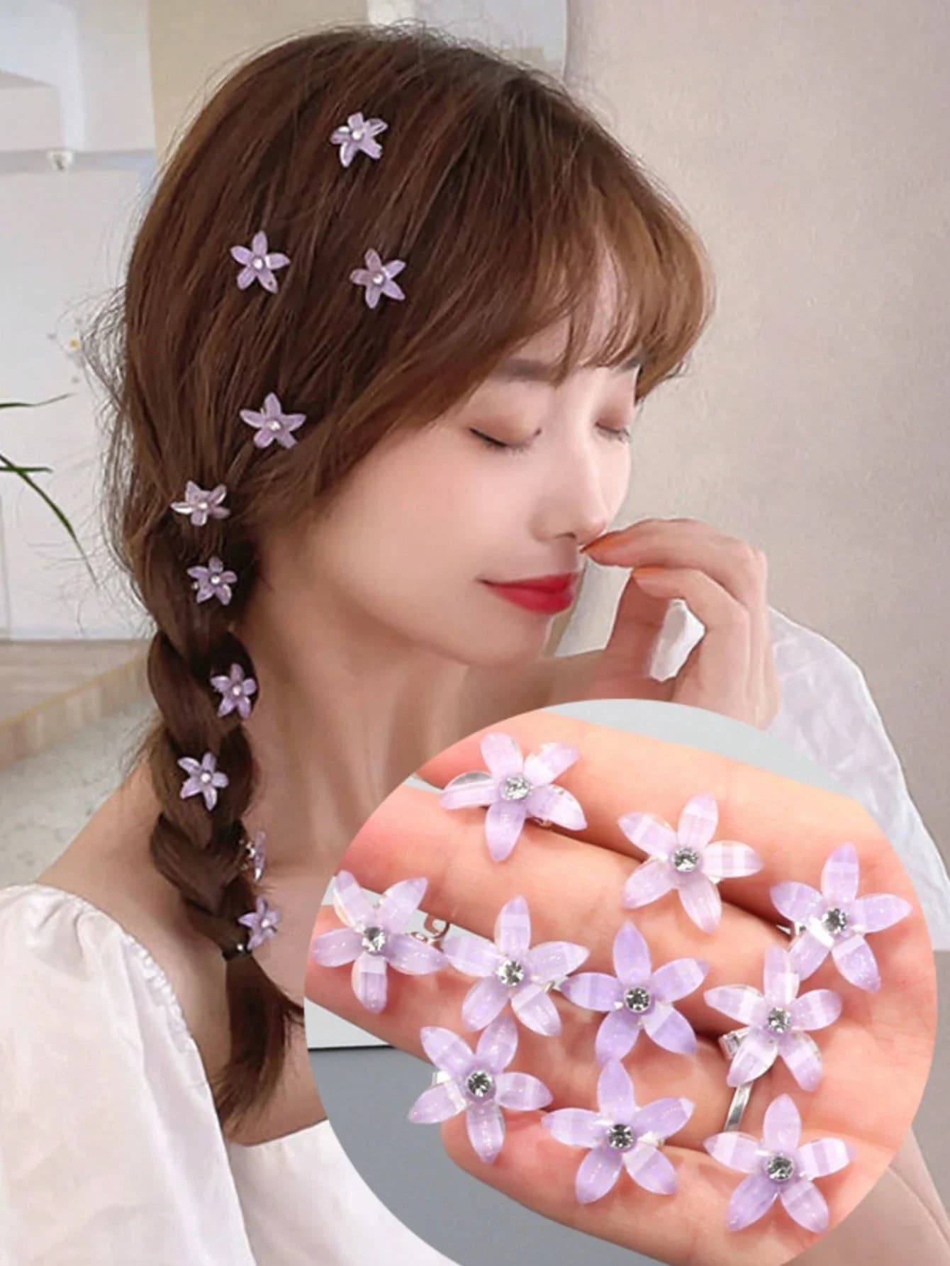 10 anelli per capelli con decorazioni floreali in strass per l'uso quotidiano, fermagli per capelli, articoli scolastici, abiti da vacanza per donna, look da festa, set