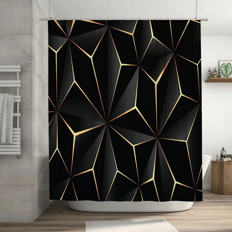 Tenda da Doccia di Lusso con Strisce Oro e Nero - Design Geometrico Lineare Creativo - Decorazione Artistica per Bagno