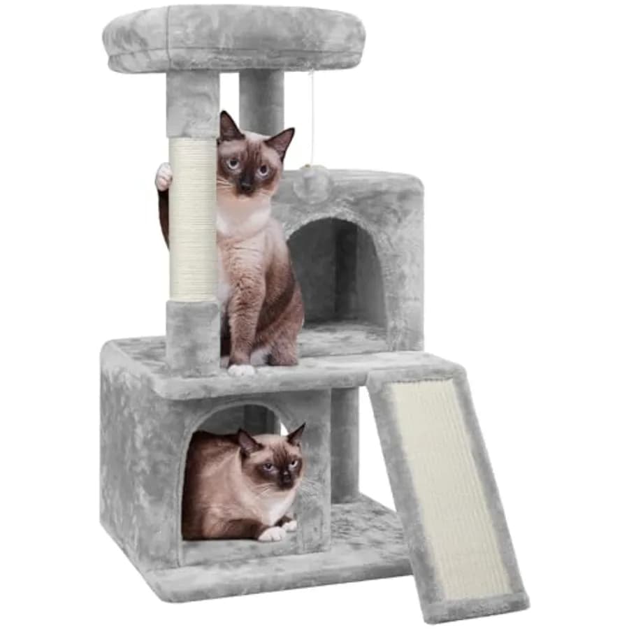 Cat Tree Tower with Large Perch for Senior Kittens Sturdy wood, low-entry condos and ramp ease senior joints, 3-tier play-nap f