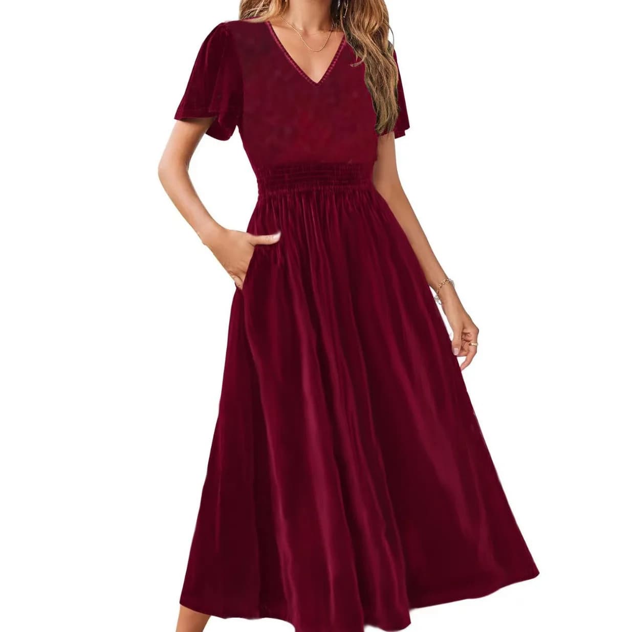 Abito lungo a pendolo in vita con scollo a V europeo e americano transfrontaliero Abito a maniche corte lavorato a maglia da donna Cw32405