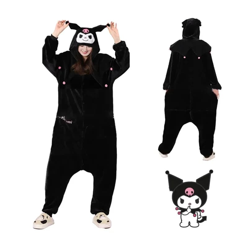 ❤ 2026 ★ Costume Cosplay Kuromi per Adulti, Pigiama Kigurumi per Donne, Abbigliamento Natalizio Kawaii in Flanella, Homewear per Feste ❤