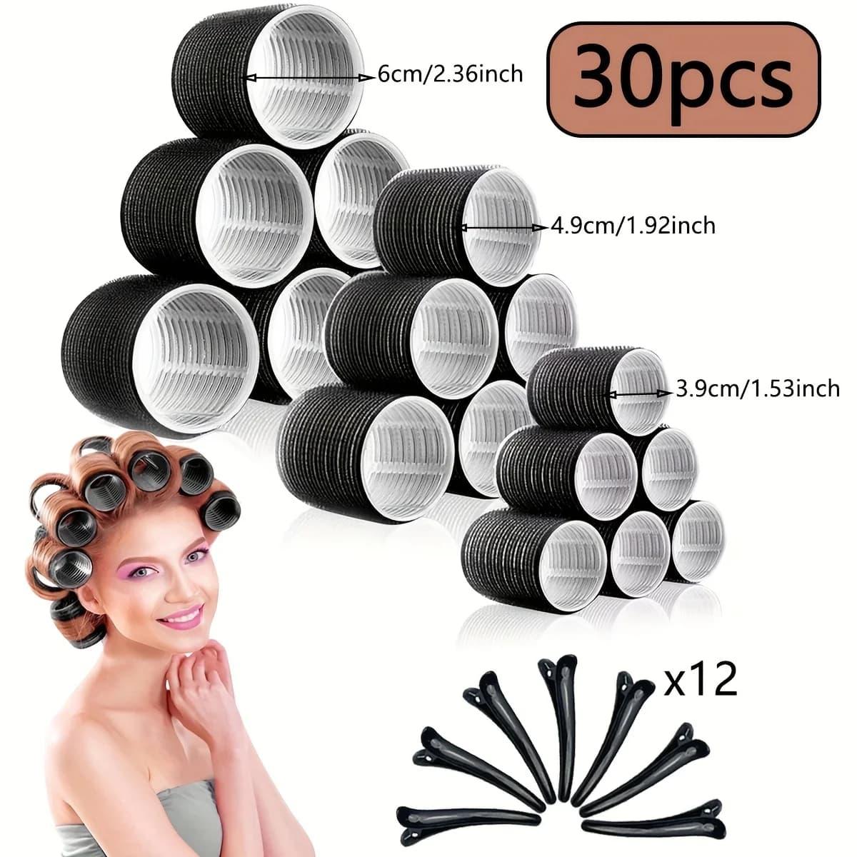 Set di 30 Ferri Arricciacapelli per Donna con Clip, Misure Grande, Media e Piccola, Ferri Autoaderenti Adatti per Capelli Lunghi, Medi e Corti