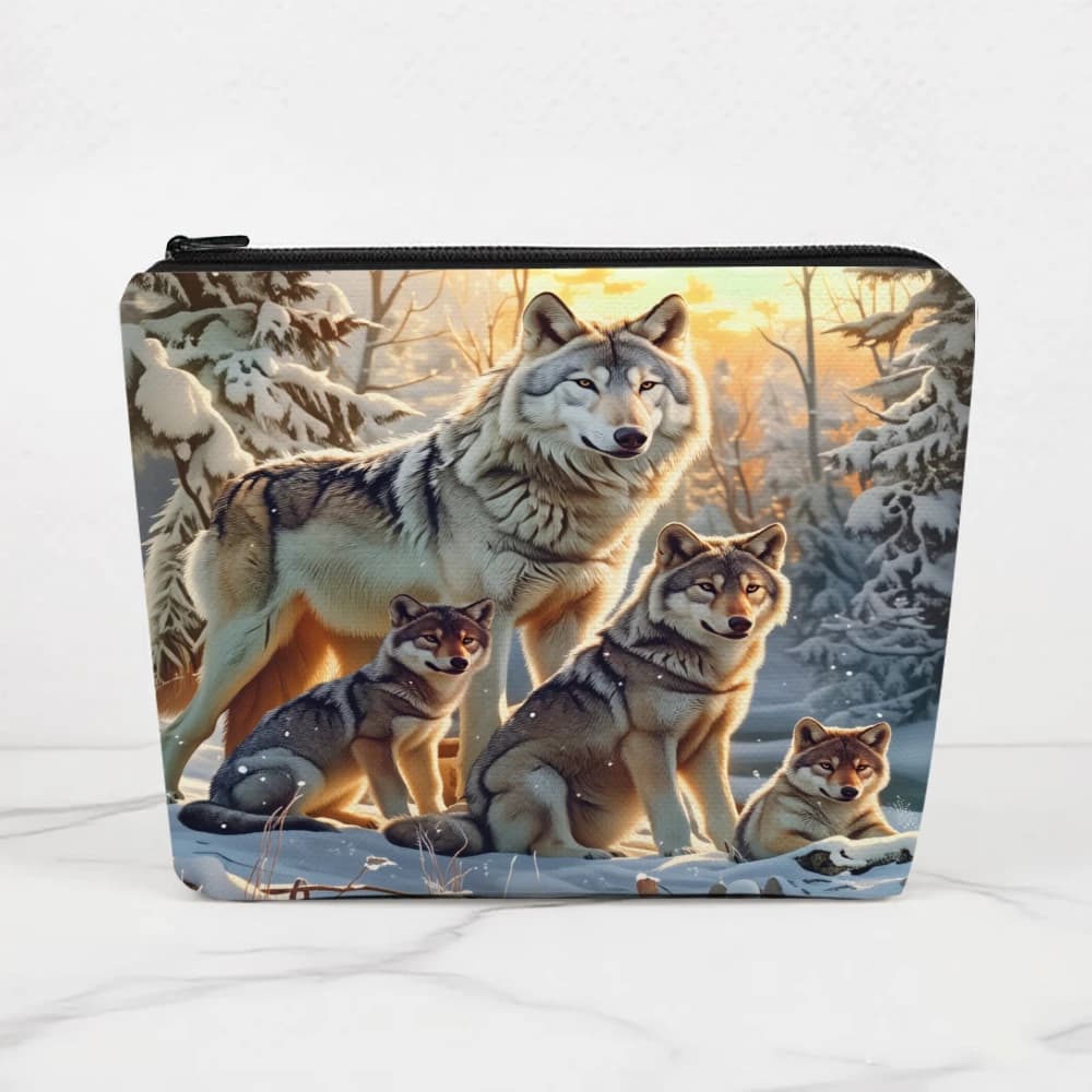 Borse per il trucco con stampa di scene invernali della famiglia Wolf per ragazze, pochette per cosmetici, borsa da toilette, astuccio per matite, custodia da viaggio