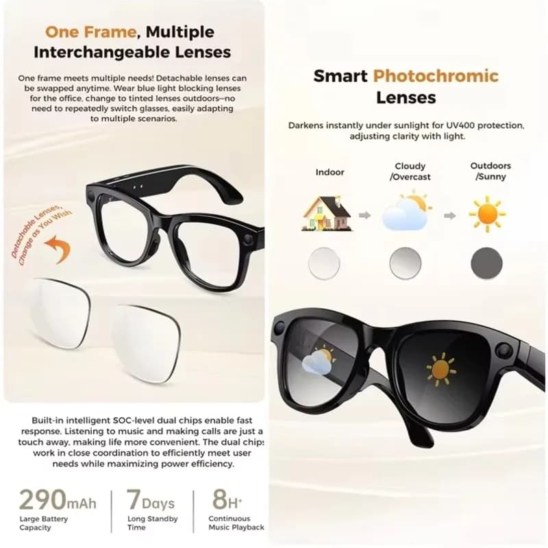 Smart Glasses AI M02 with ChatGPT Vocal Assistant, 8MP Camera, Real Time Translation, Bluetooth Music - A86G