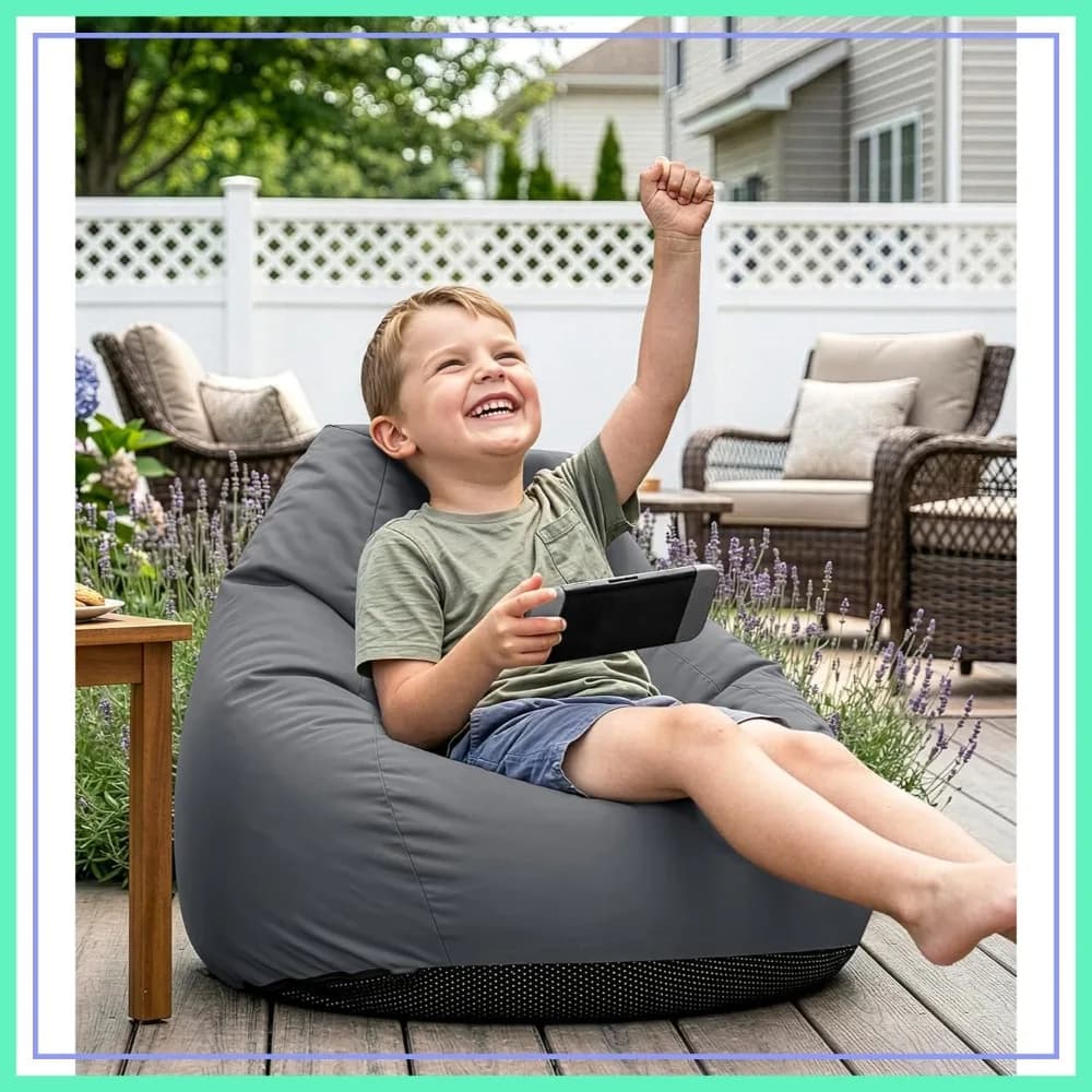 Piccolo Divano Pouf con Imbottitura in Schiuma Sminuzzata, Rivestimento Rimovibile Antispruzzi con Cerniera e Maniglia per Relax in Patio e Bordo Piscina, Grigio
