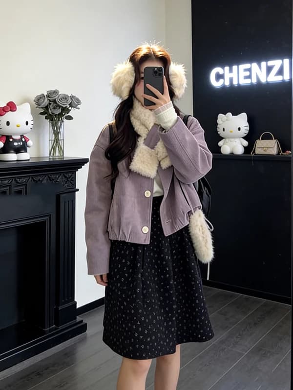Gentle Purple Fluffy Scarf Long Sleeve Cotton Jacket Women's Winter New Elastic Hemline Outerwear Fashionable Street Style