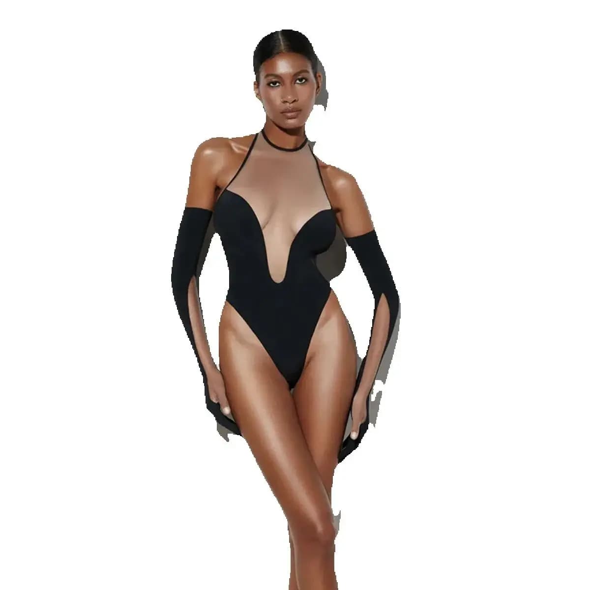Sissy Body senza cavallo con guanti Maglia con scollo a V profondo Halter Body Sexy dimagrante Top da donna Hot Fantasy Tulle Teddy lattice