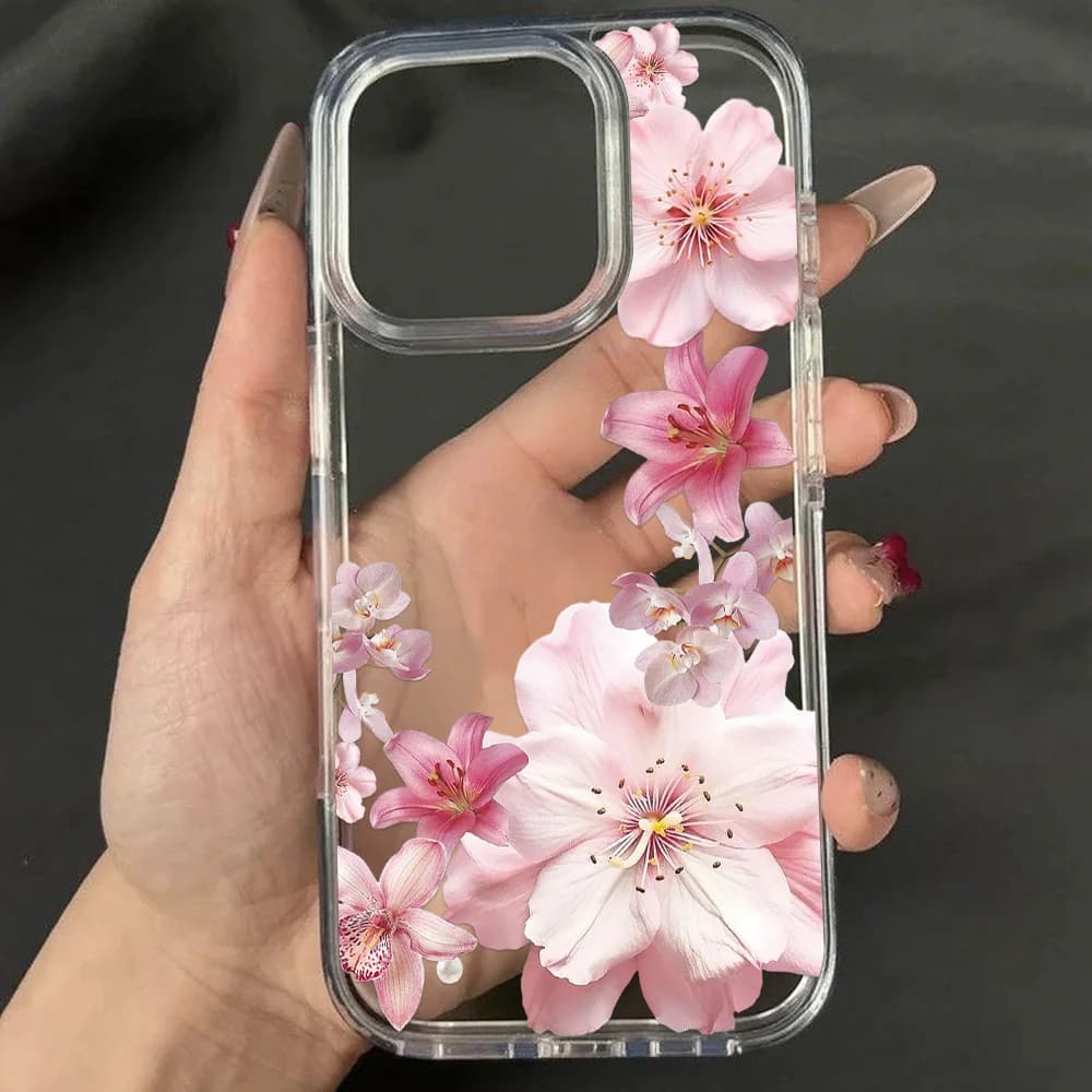 Pink lily flower phone case for iPhone 16 Pro iPhone 15 13 11 12 14 Pro Max Shock-resistant acrylic cover with transparent floral pattern