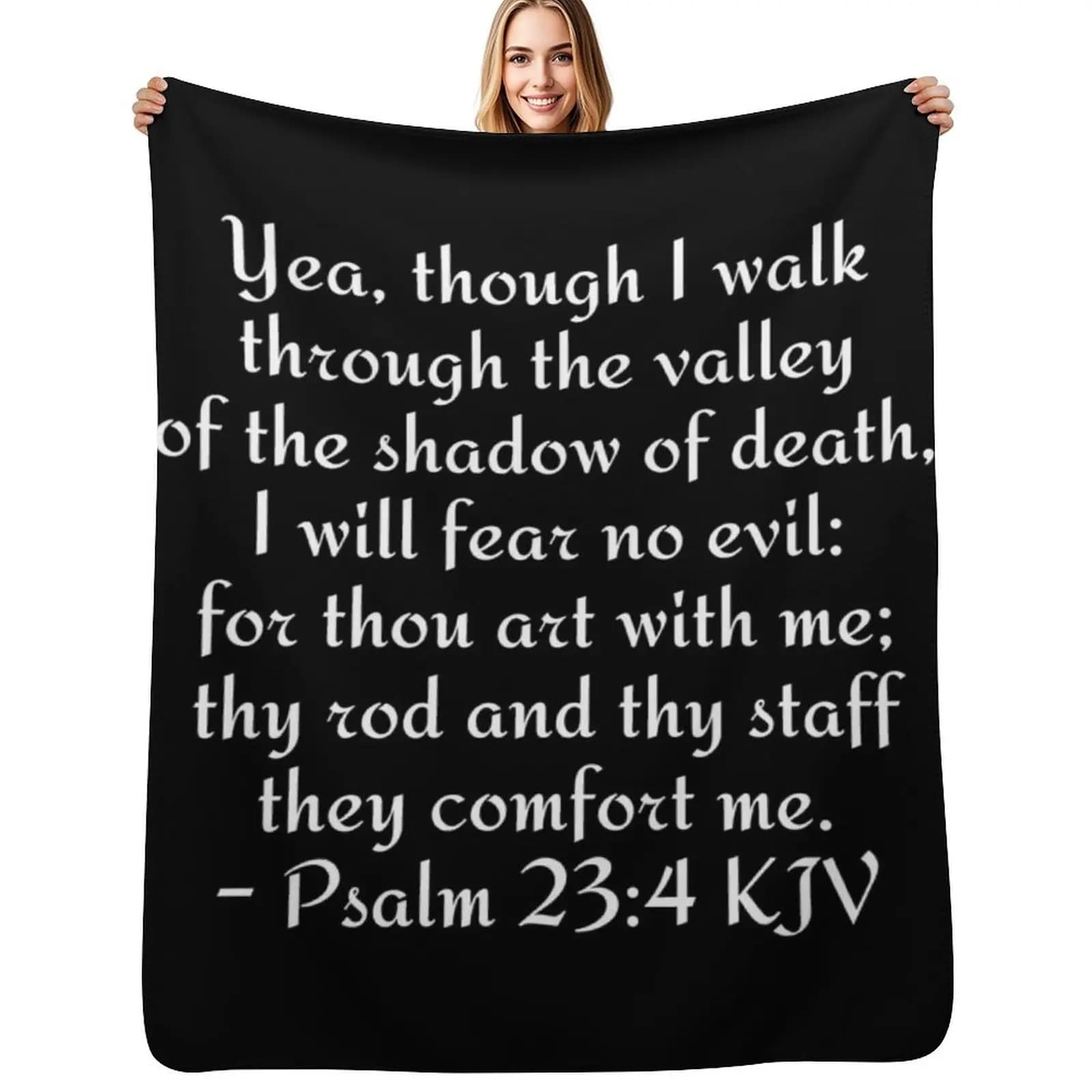 Psalm 23:4 KJV - White Print Throw Blanket Sleeping Bag Soft Plush Plaid Thermal Polar Hairy Designers Blankets