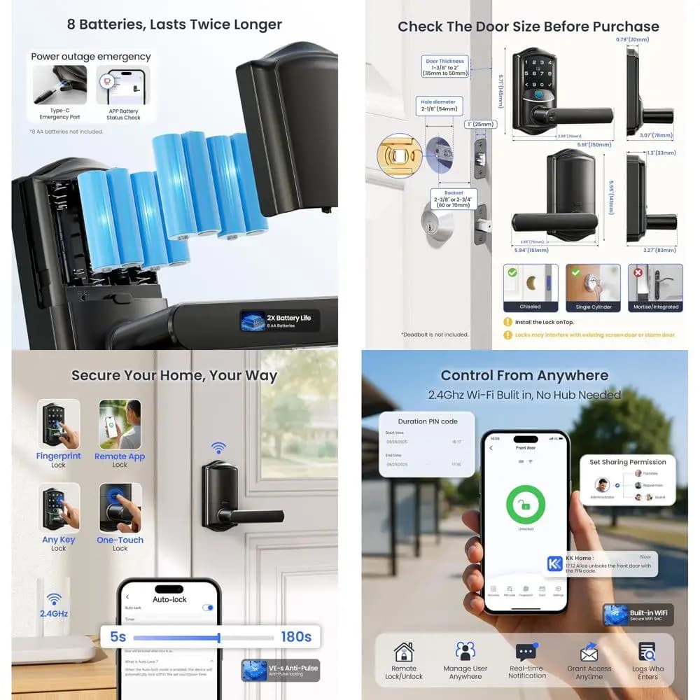 Serratura Intelligente con Impronta Digitale, Controllo Remoto tramite App, Manopola Digitale, Adatta per Porta d'Ingresso e Camera da Letto, Certificazione IP65, Finitura Opaca
