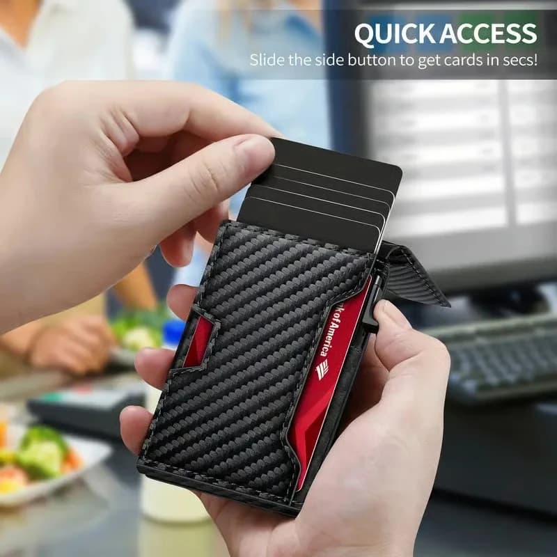 Portafoglio Minimalista Bifold con Blocco RFID, Porta Carte di Credito in Pelle Sottile con Custodia Pop-Up in Alluminio