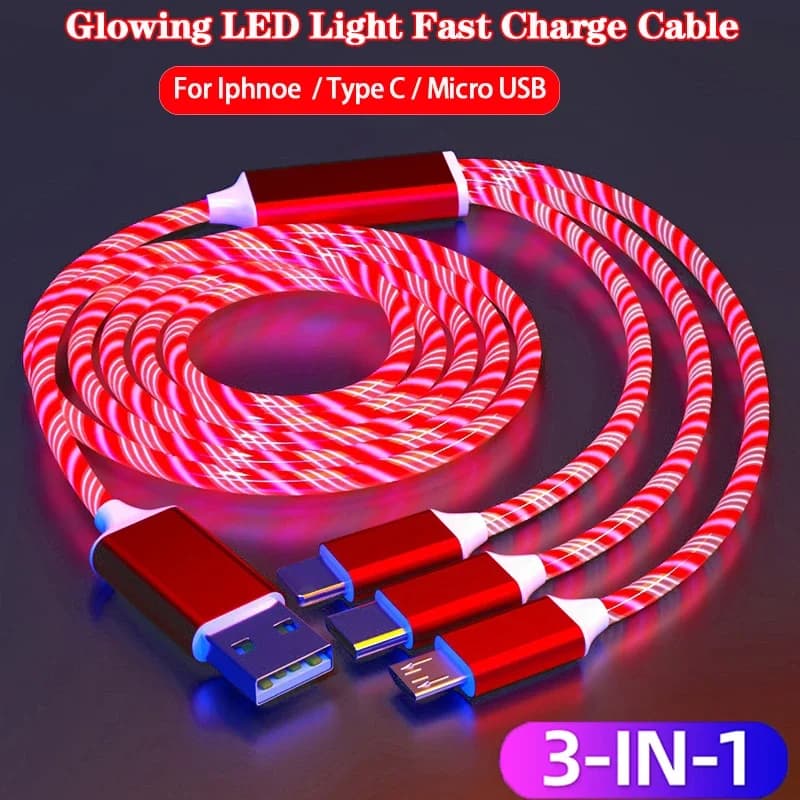 Cavo luminoso per caricabatterie per telefono con luce a LED incandescente 3 IN 1 per Xiaomi Iphone 14 Accessori per telefoni Samsung S6 Cavo di ricarica USB tipo C