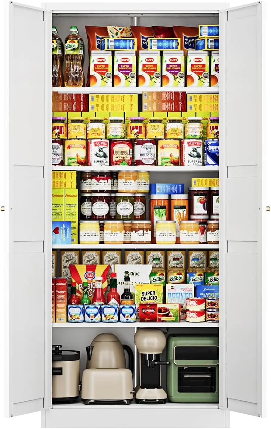White Metal Storage Cabinet With Adjustable Shelves, Kitchen Pantry Organizer Cabinet With Doors, Utility Locker Cupboard For Home Office Bedroom Living Room Dining Garage Organization, 1 Piece