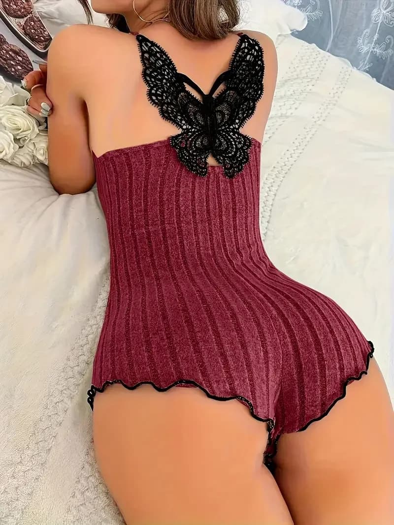 Pigiama estivo da donna Tutina da notte Moda Design con fiocco sul retro Body con giunture in pizzo Pigiama da casa