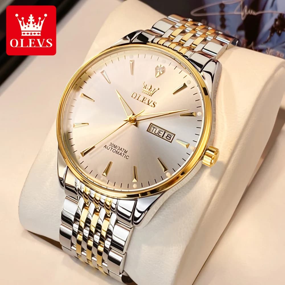 OLEVS 6635 Orologio da uomo Orologio meccanico originale delle migliori marche per uomo Acciaio inossidabile 30M Impermeabile Doppio calendario Orologi da lavoro