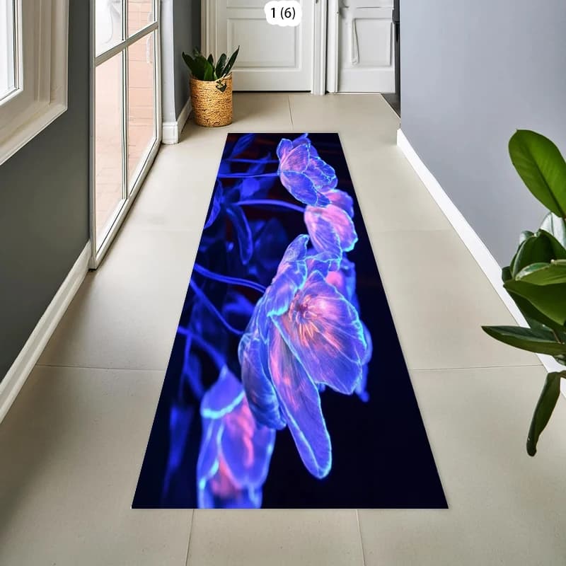 Tappetino d'ingresso con motivo floreale a ombra su sfondo nero neon, tappeto per porta, tappeto da pavimento, decorazione per camera da letto
