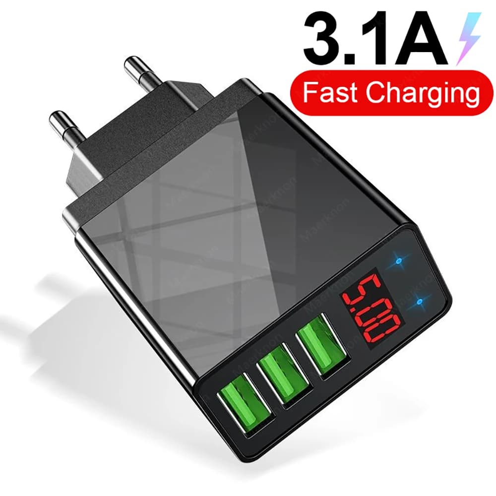 USB Charger 3.1A 3 Ports USB Digital Display Phone Charger Adapter For iPhone 15 Samsung Xiaomi Huawei Quick Charge Wall Charger