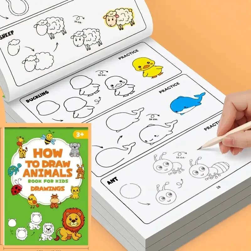 32 Pages How To Draw Animals Step by Step Book, 4 Simple Steps Cartoon Animal Sketch Practice Book, Art Drawing Gift for Kids