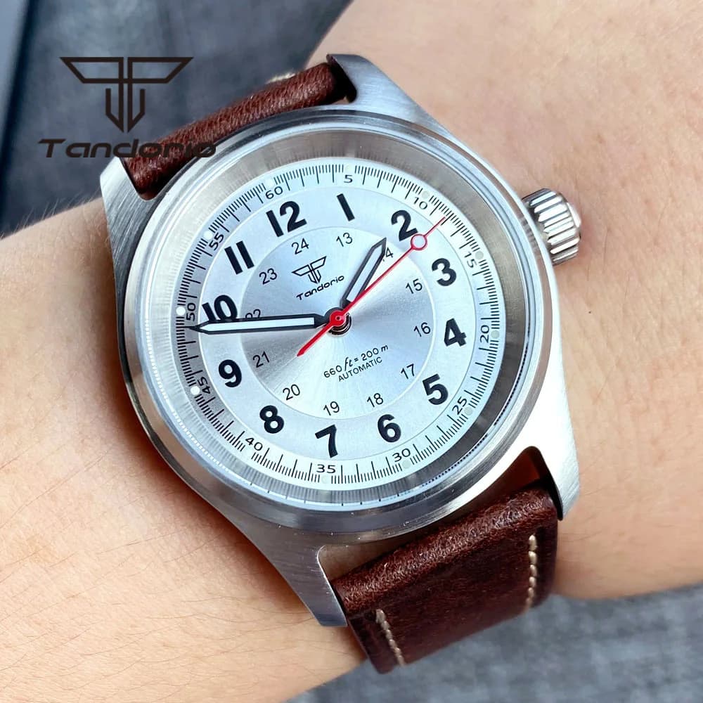 Tandorio Sapphire Crystal 36mm NH35A 20Bar Automatic Dive Pilot wristwatch for men woman leather strap folding clasp screw crown
