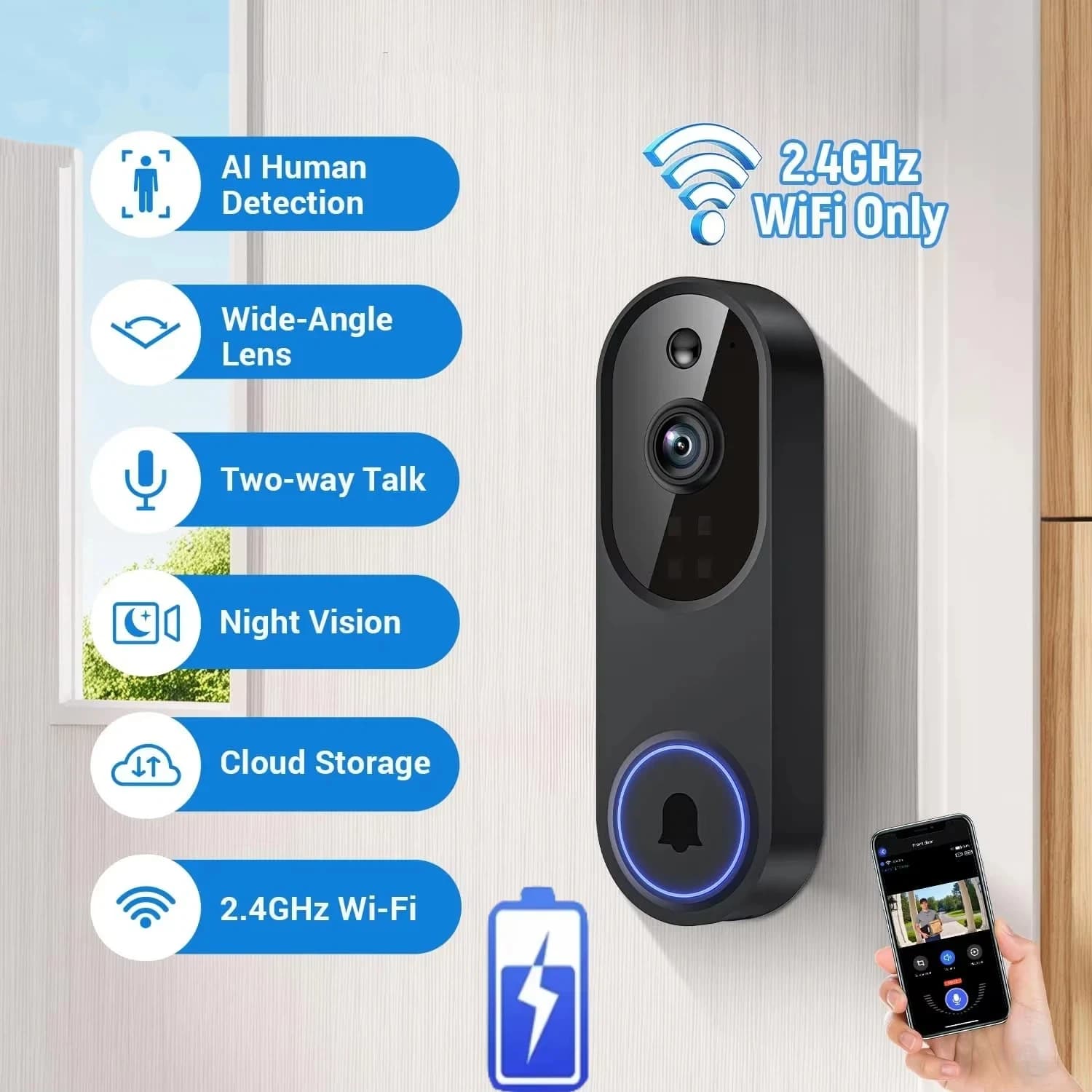 Videocamera per campanello wireless 1080P HD 2.4G WiFi Batteria per campanello intelligente con visione notturna Conversazione bidirezionale e rilevamento del movimento 2026