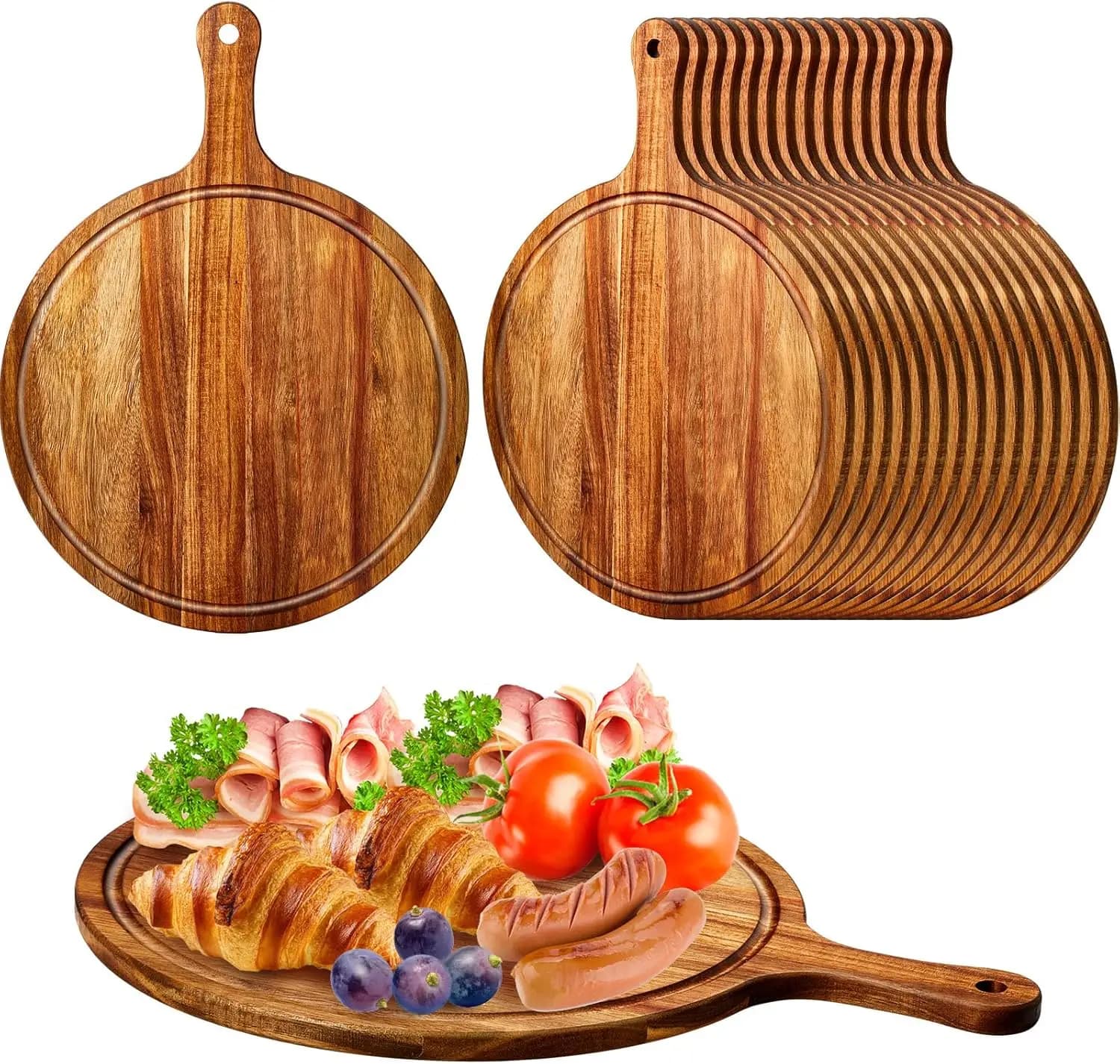 Round cutting tables in acacia 30 pieces with handles