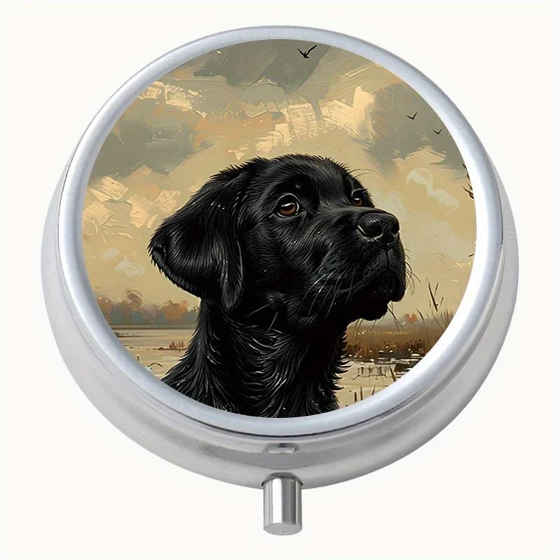 A Round Pill Box with a Swamp Black Dog Motif, a Three-Compartment Metal Box, a Mini Portable Pill Case Suitable for Travel, Outdoor Activities, Can Be Placed in a Pocket or Purse, Can Be Used as a Portable Tablet Case, a Multifunctional Metal Box, or for Decoration and Storing Jewelry.