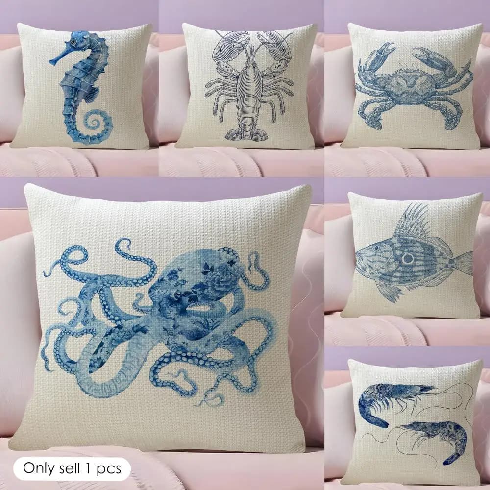Simpatica fodera per cuscino con motivo vita marina blu, federa in lino naturale con stampa fronte-retro, federa decorativa per divano, decorazione per la casa, regalo