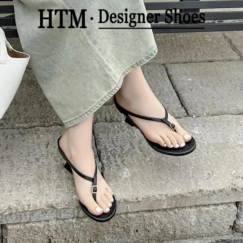 Brand Designer Round Clip Toe Women Slippers 6cm Wedges High Heels Summer Footwear Narrow Band Buckle Slides Sandals Flip Flops