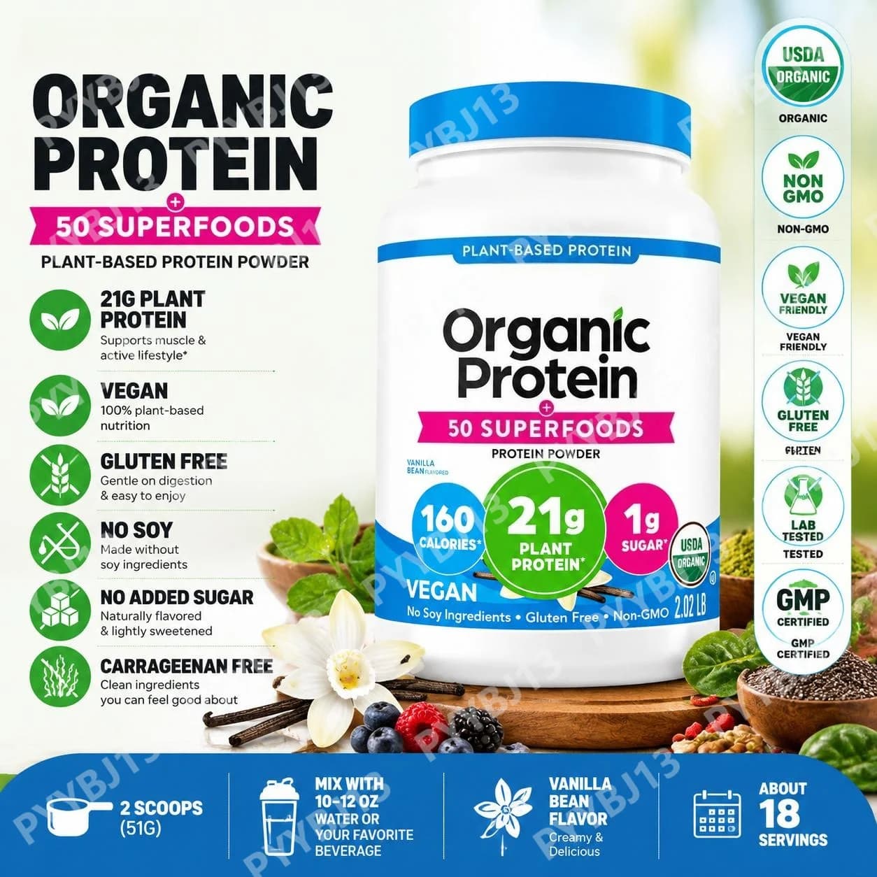 Plant-Based Protein Powder with 21g Plant Protein, Vegan, Gluten Free, No Added Sugar, 50 Superfoods Blend, 18 Servings