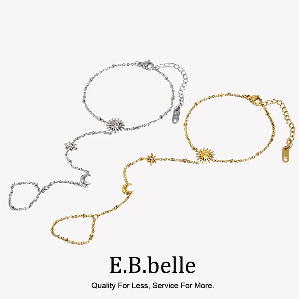 EBbelle Acciaio inossidabile Stile moda Sole Perline Catena da dito a forma di O Placcato oro 18 carati Gioielli senza appannamento per il regalo delle donne