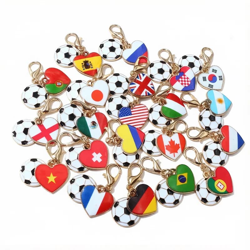 10pcs Enamel Football National Flags of Countries Heart Charms Pendant with Lobster Clasp DIY Jewelry Making Accessories