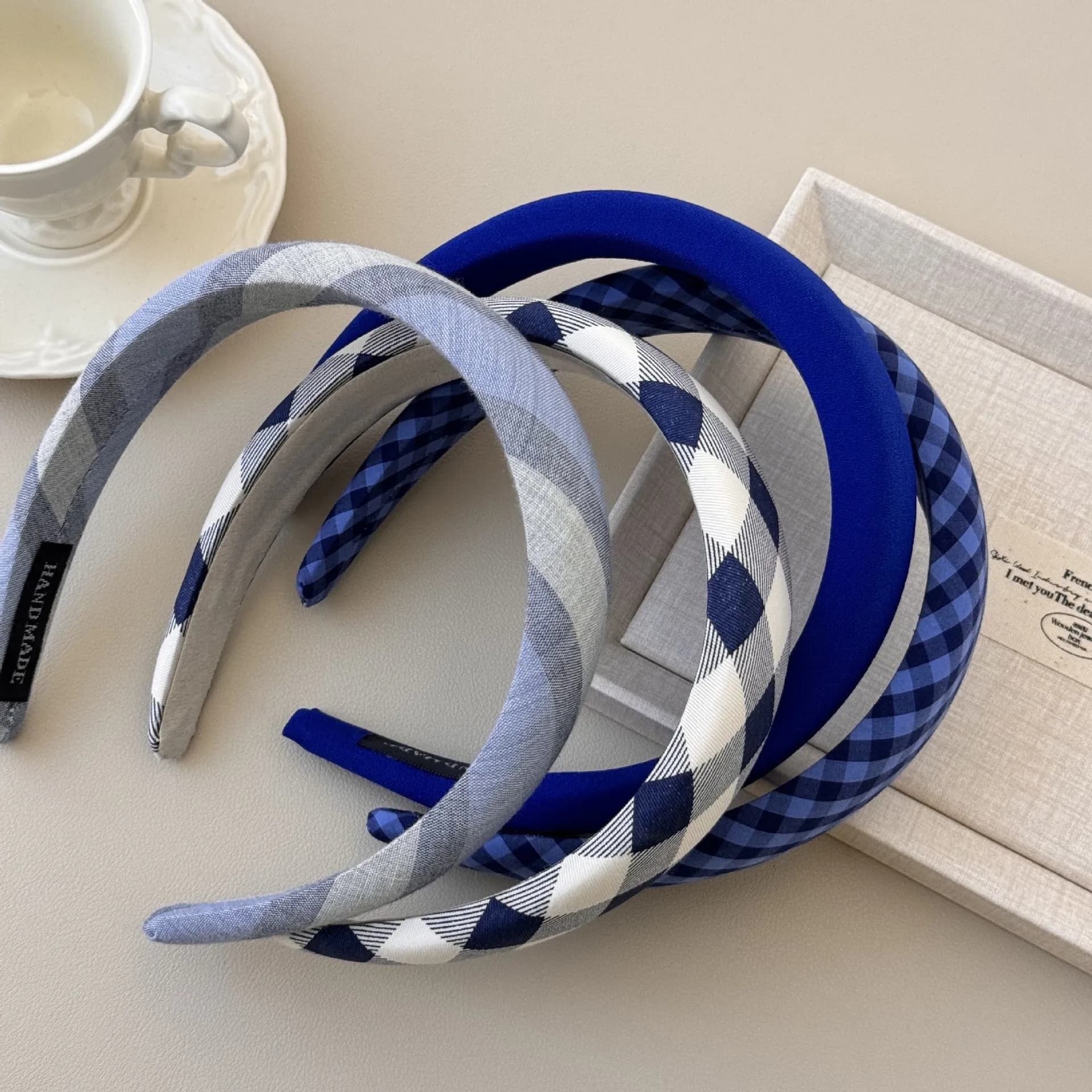 Blue Plaid Sponge Thickened Headband Wide Edge High Skull Top Hair Hoop