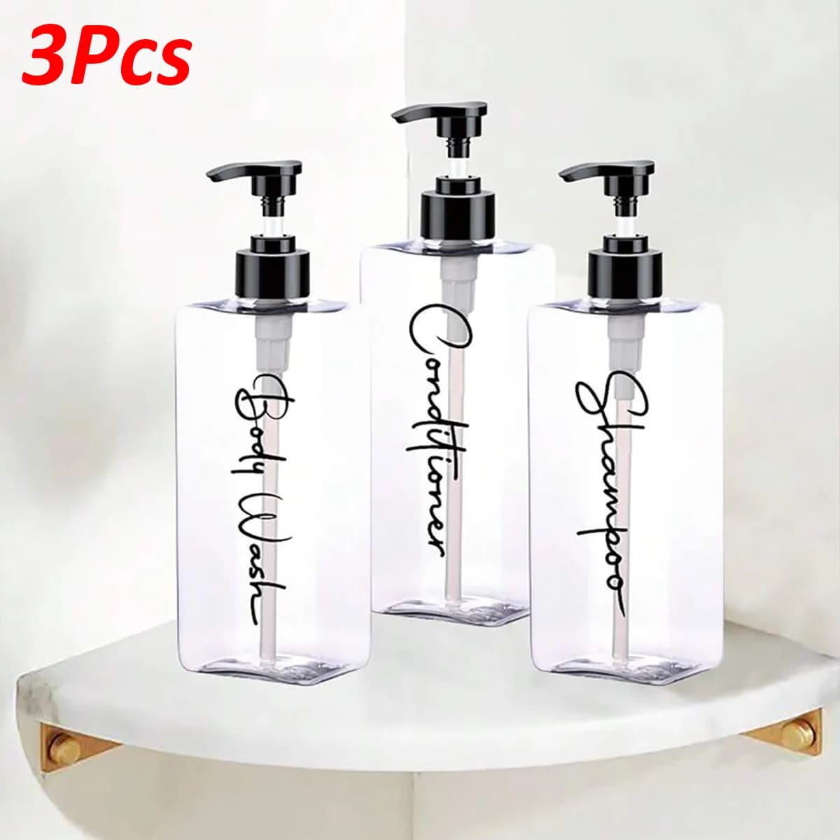 Set di dispenser da bagno in 3 pezzi per flaconi ricaricabili di balsamo, shampoo e bagnoschiuma. Design in Stile Alberghiero. Contenitore per liquidi per decorazioni domestiche. Include 3 etichette impermeabili