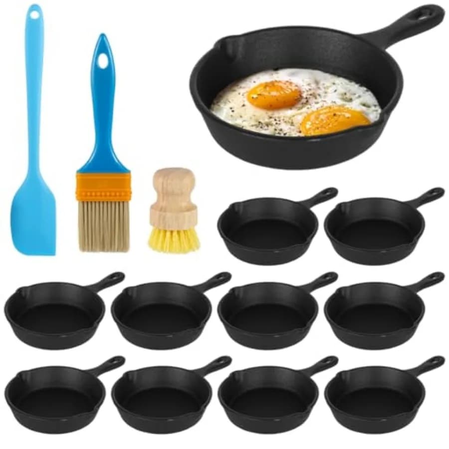 Set di 10 Padelle in Ghisa con Spatola, Pennello per Olio e Spazzola per Pulizia, Padelle Mini Antiaderenti da 4 Pollici in Ghisa