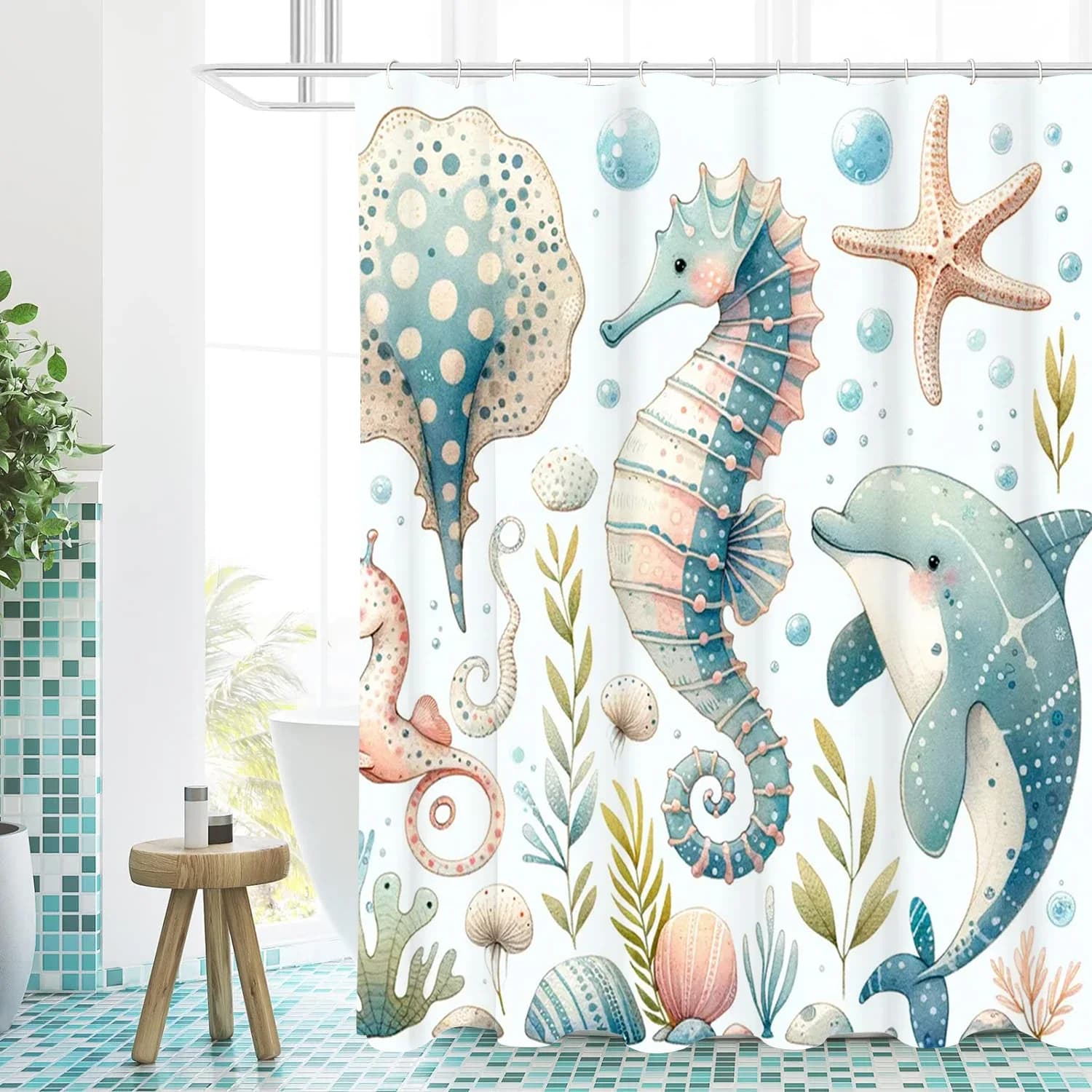 Pittura Stile Mare mondo ippocampo Tenda da bagno Tenda da doccia per bagno Impermeabile con 12 ganci Home Deco