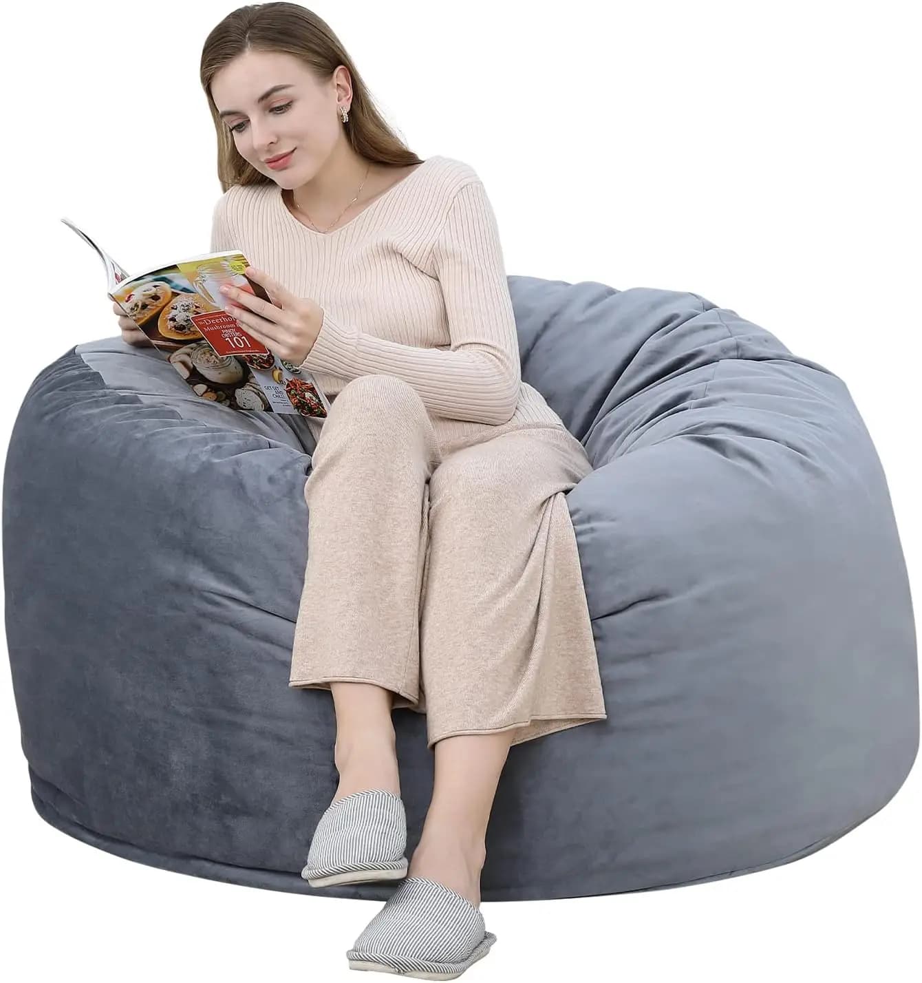 Poltrona Sacco Garvee 4FT, Grande Divano con Rivestimento Rimovibile e Lavabile, Memory Foam, Poltrona Lounge in Schiuma Tritata per Gaming, Soggiorno, Camera da Letto, Dormitorio, Nero Grigio