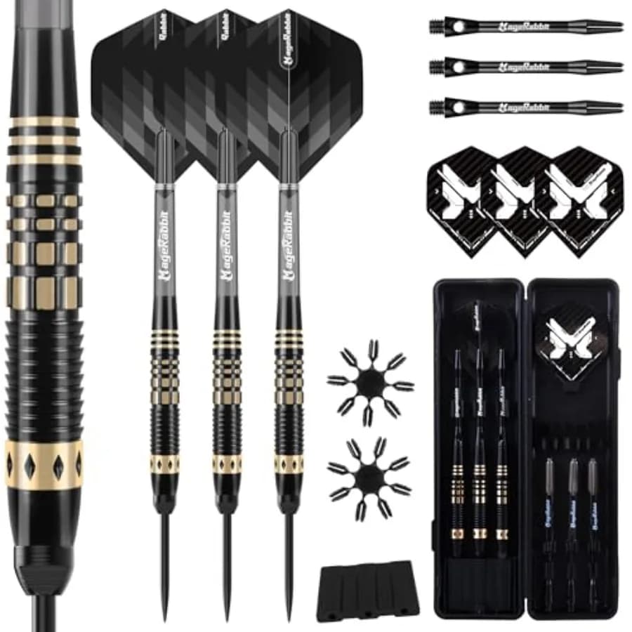 Set di 3 Freccette con Punta in Acciaio, Corpo in Rame, Punta Metallica, con Custodia, 6 Alette, Aste in Alluminio e Accessori per Freccette