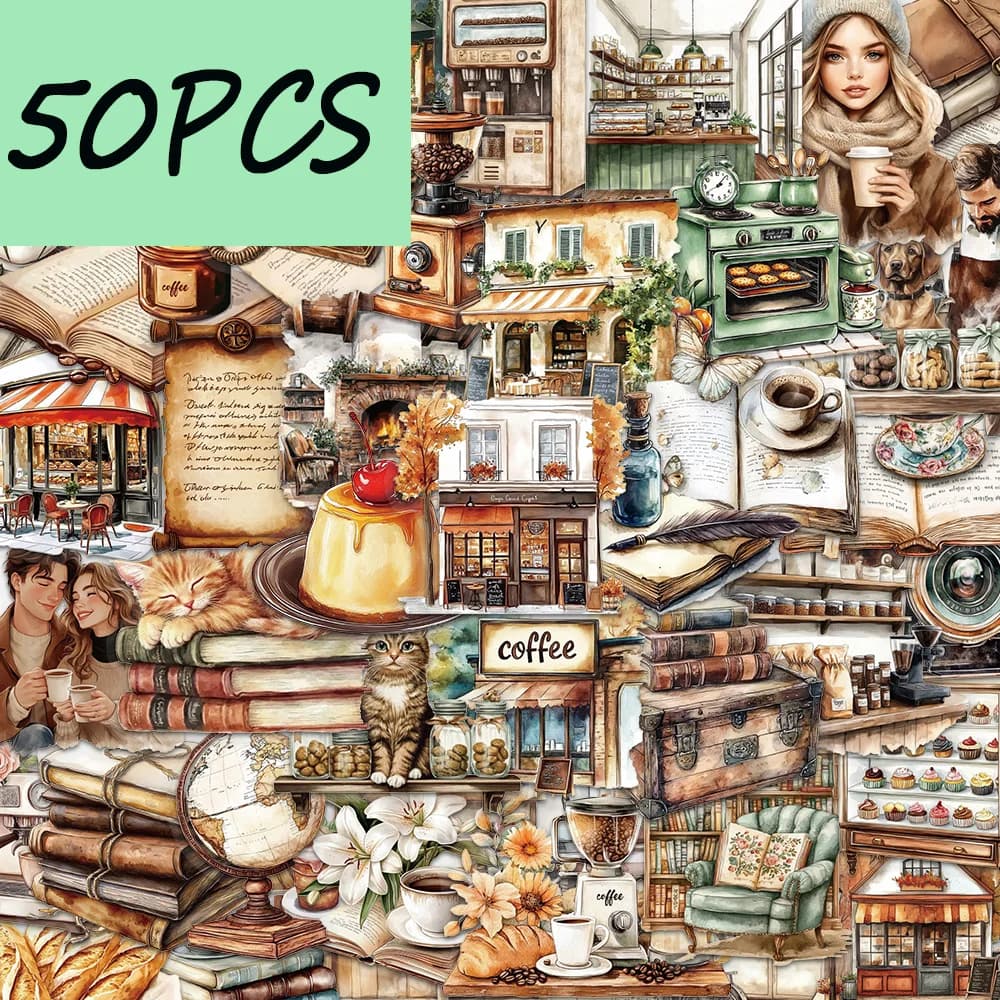 50 adesivi vintage della serie caffè, adatti per decorare scatole portaoggetti, buste, confezioni regalo, adesivi in PET impermeabili
