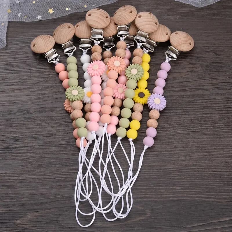 Baby Beech Round Wooden Clips Flowers Silicone Beads Pacifier Chain for Teether Nursing Toys Handmade Dummy Holder BPA Free