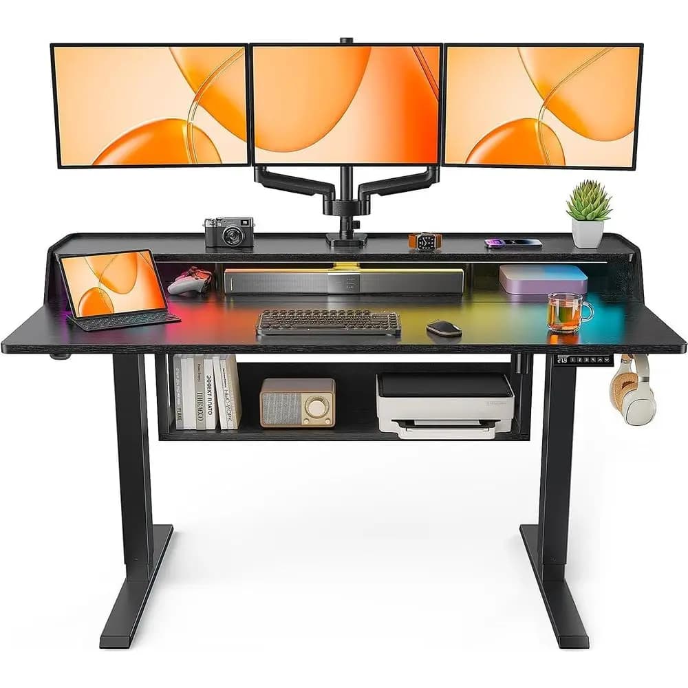 Scrivania Regolabile 55x28 con Libreria, Supporto Monitor, Luce LED, per Ufficio Domestico o Gaming