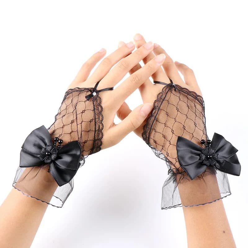 Guanti per abito da sposa da sposa Guanti corti con fiocco in pizzo nero a rete