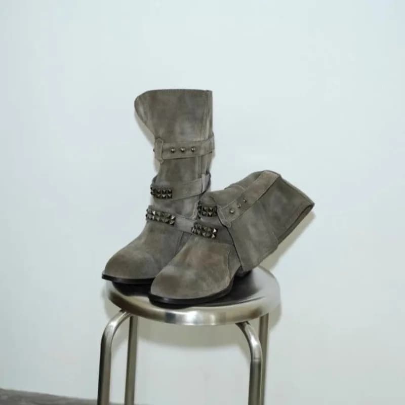Rivet Belt Buckle Soft Sole Mid-leg Boots for Women Platform Fold Block Heel Shoes for Women