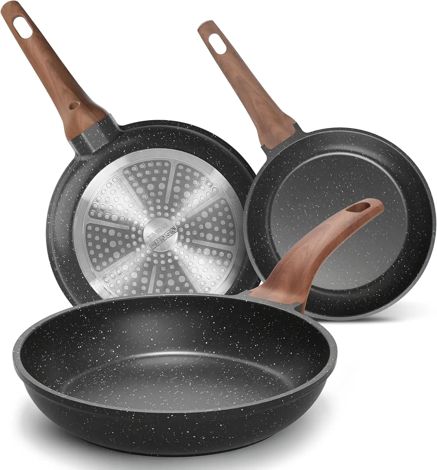 3Pcs Granite Nonstick Frying Pan Set(8/9.5/11 inch) Non Toxic Omelette Pans Cookware with Stay Cool，PFOA/PFOS Free