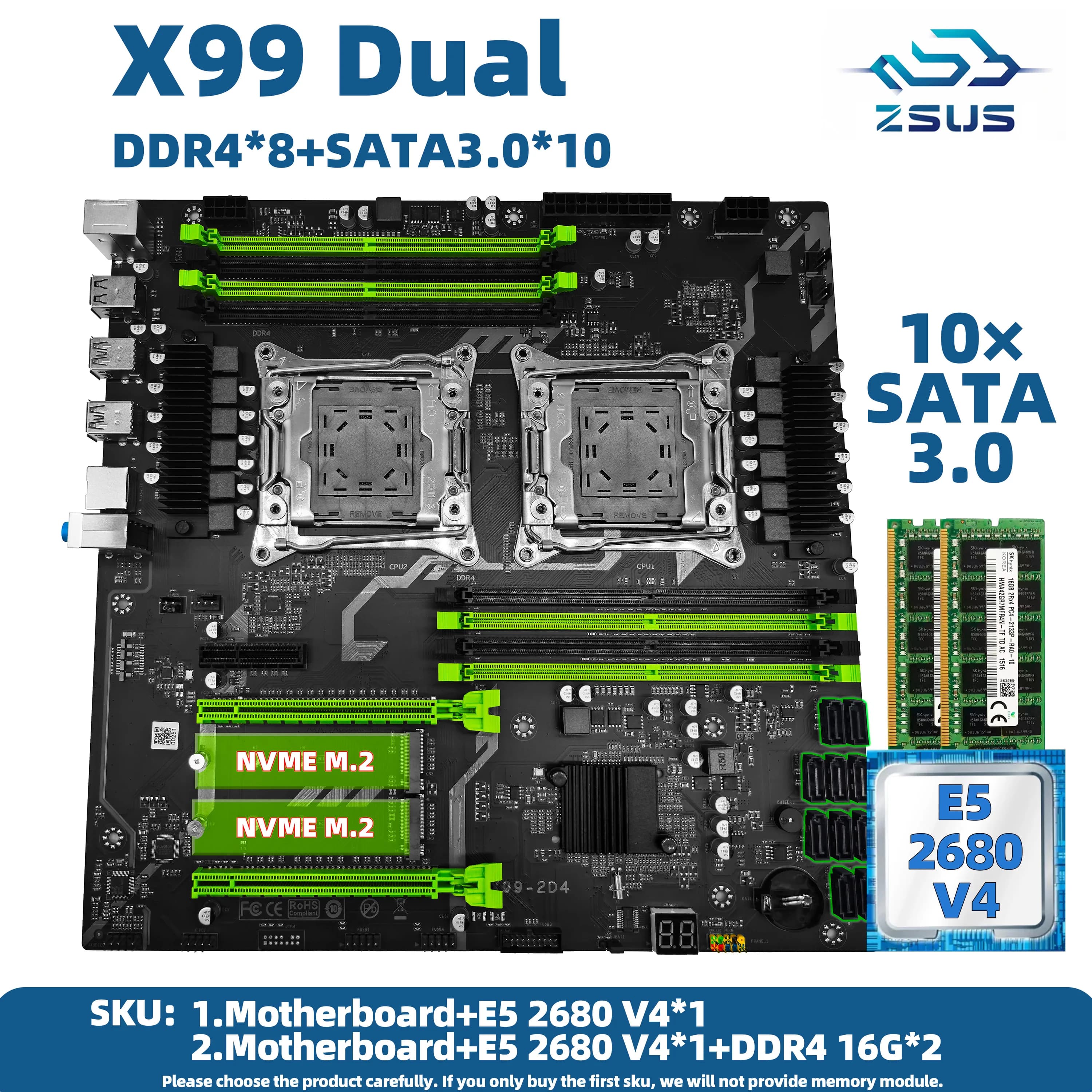 Kit scheda madre doppia CPU ZSUS X99 Xeon E5 2680 V4 con DDR4 32 GB (2 * 16 GB) LGA2011-3 M.2 NVME per computer desktop da gioco