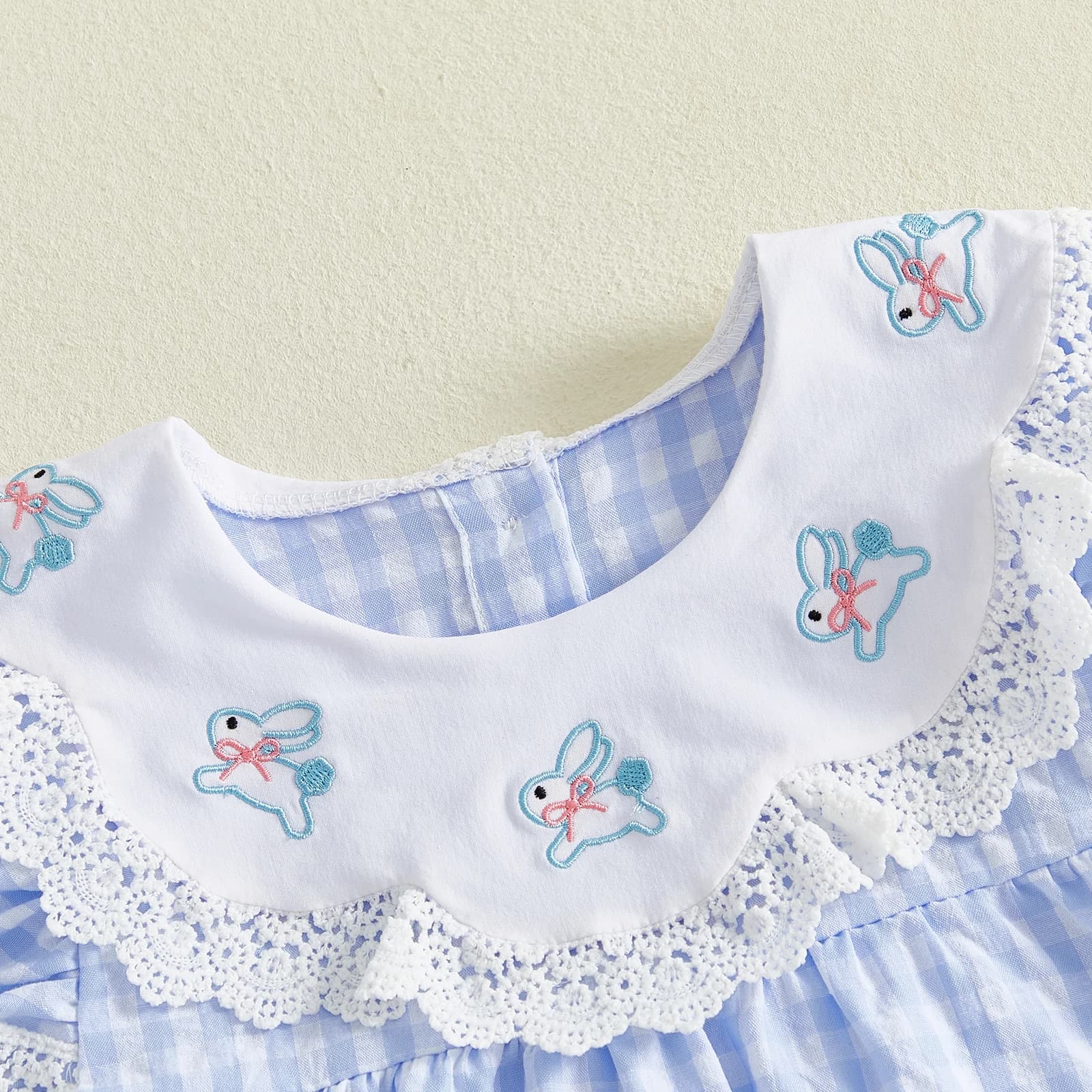 Toddler Baby Girl Easter Dress Flying Sleeve Crew Neck Bunny Embroidery Plaid Print A Line Dress