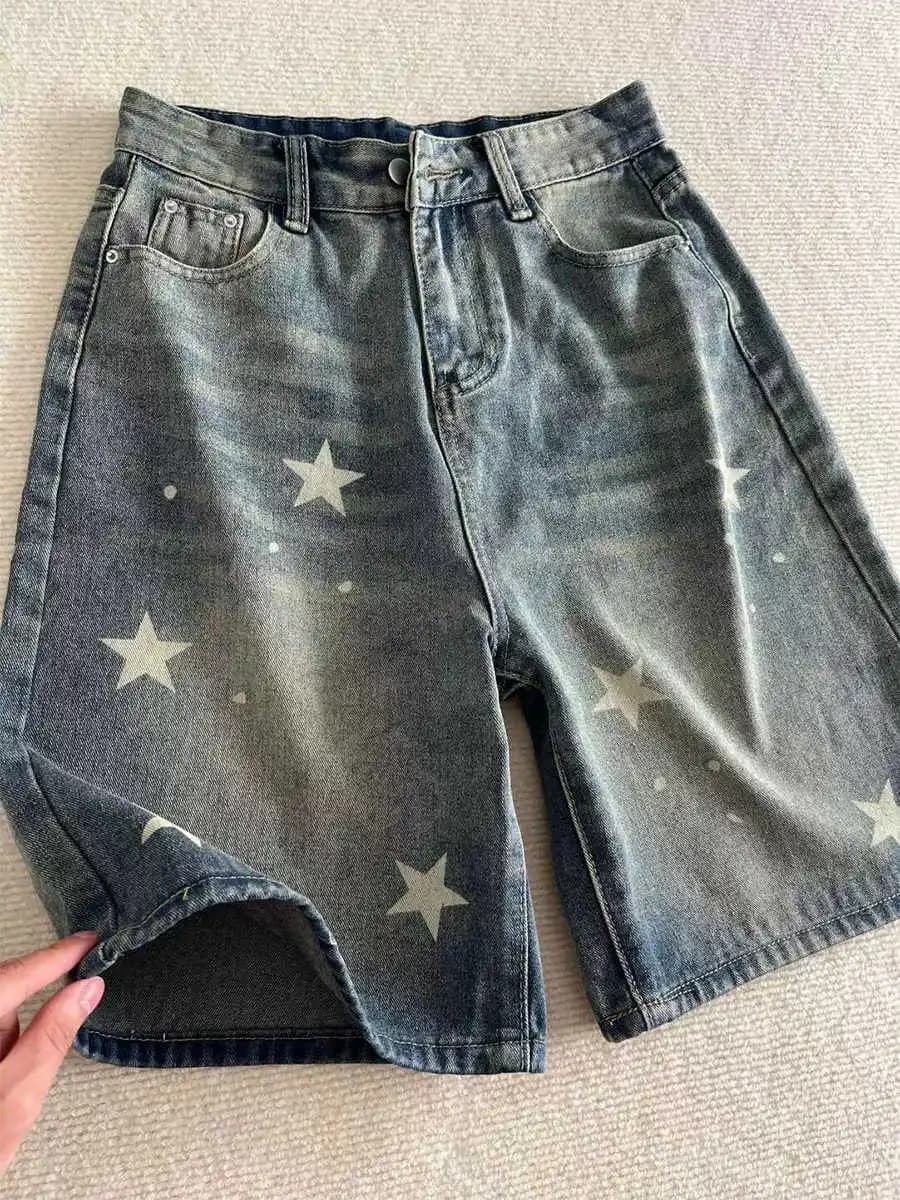 5XL summer women's jeans shorts with star pattern Blue shorts Knee Jeans retro female fashionable American