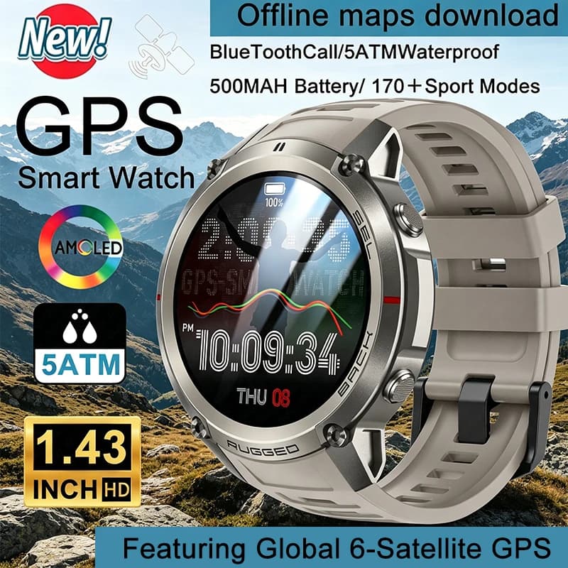 Nuovo Smartwatch GPS Militare 2026, Impermeabile 5ATM, Display AMOLED da 1.43'', GPS Globale a 6 Satelliti, Batteria da 500 mAh, Orologio Sportivo da Esterno per Uomo